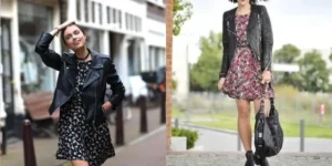 veste en cuir avec robe fleurie