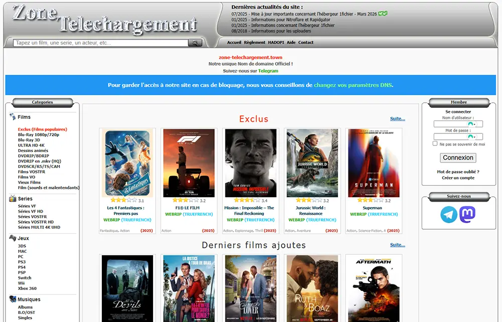 Capture d'écran du site Zone Téléchargement