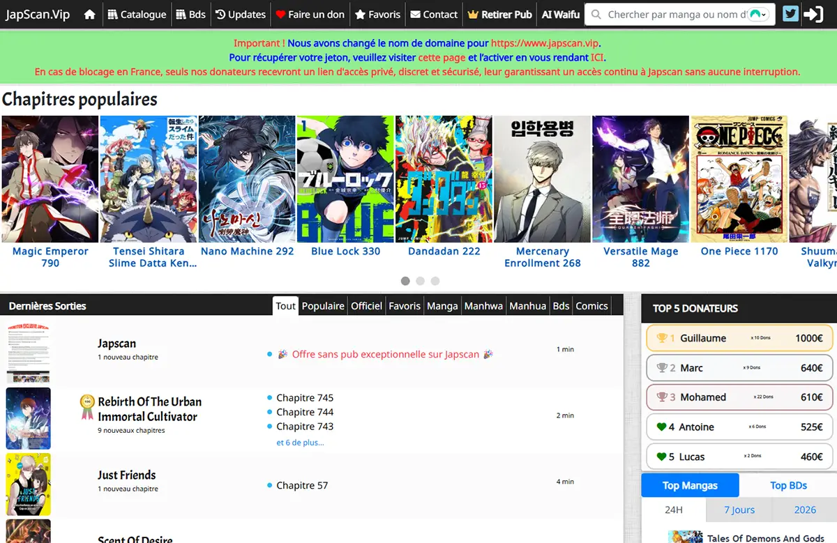Capture d'écran de la page principale du site de lecture de mangas japonais Japscan en 2026