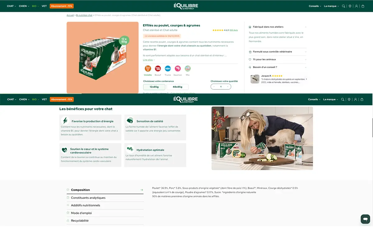 capture d'écran de la page produit d'effilés au poulet de la marque Equilibre & Instinct, donnant la liste des ingrédients