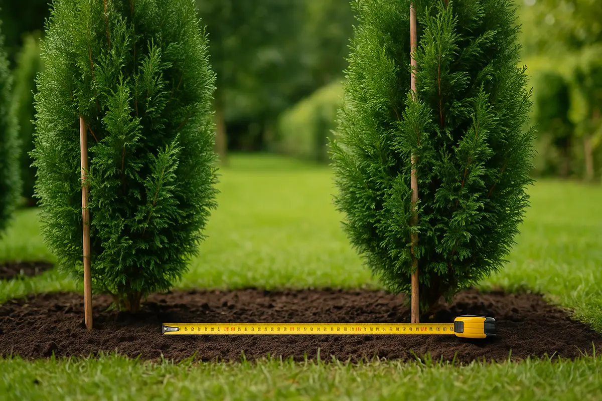 Mesure de la distance de plantation correcte pour une haie de thuyas à croissance rapide, illustrée par un mètre ruban entre deux jeunes plants.