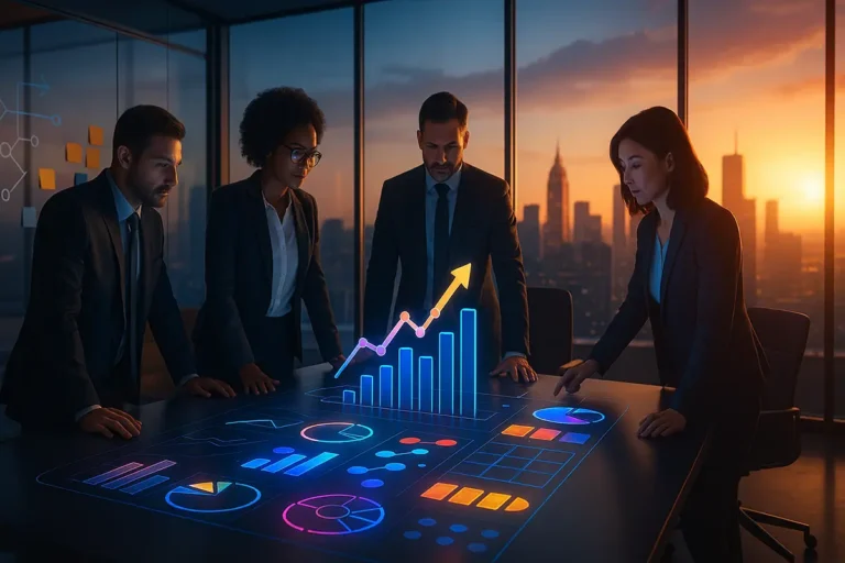 4 personnes dans un bureau d'entreprise avec vue sur une grande ville: management accélération transformation