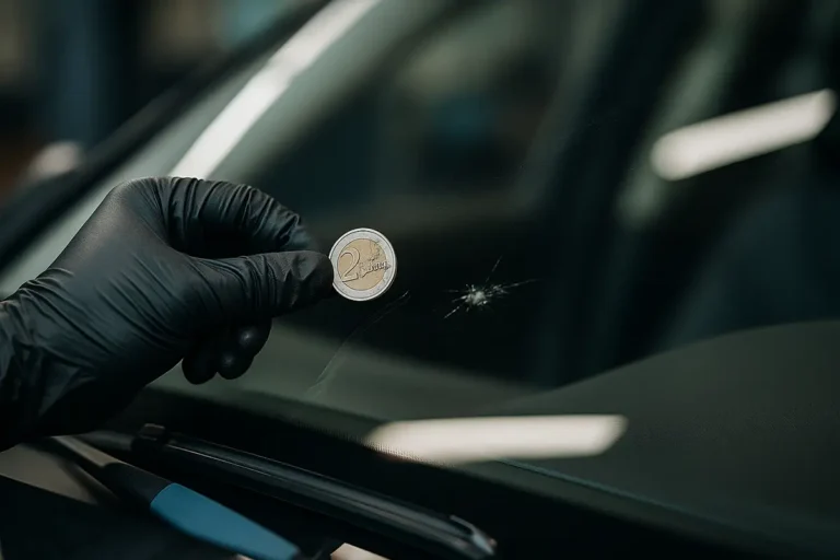 Technicien comparant un impact en étoile sur un pare-brise à une pièce de 2 euros pour décider entre une réparation ou un changement.
