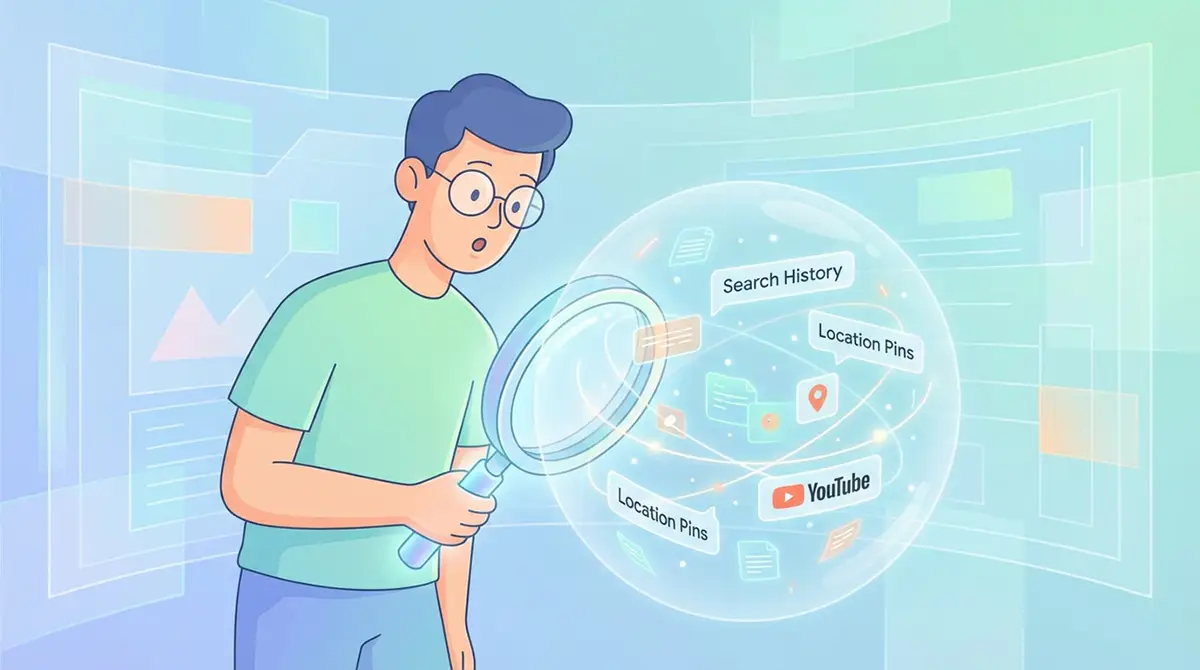 Illustration conceptuelle montrant une loupe révélant les différentes données collectées par Google : historique de recherche, positions GPS et vidéos YouTube