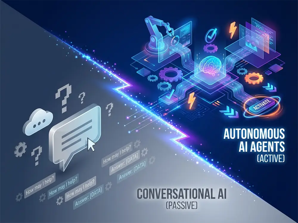 Infographie illustrant la différence entre l'IA conversationnelle passive (représentée par des bulles de chat et nuage) et les agents IA autonomes actifs (représentés par des engrenages, un bras robotique, un cerveau et des interfaces connectées)