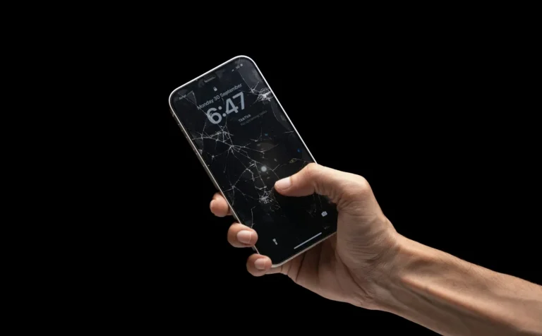 Téléphone portable avec écrans cassé tenu dans une main