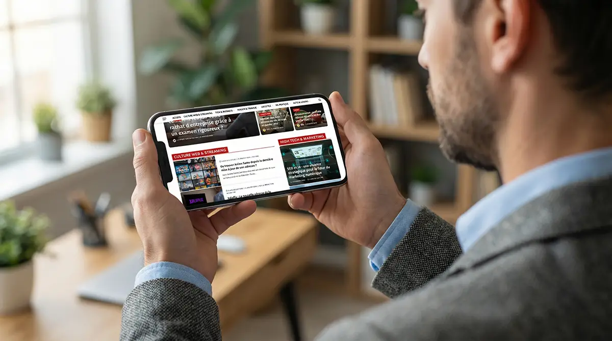 Un homme avec son smartphone dans les mains, vérifiant l'expérience mobile SEO de webautop