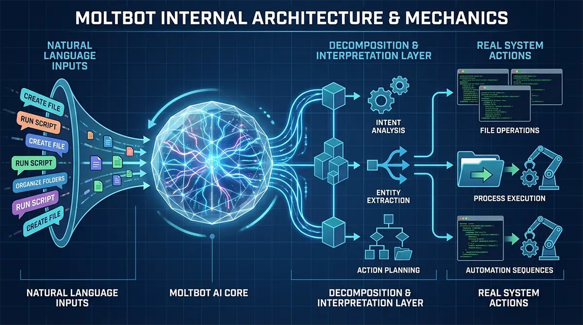 Schéma technique de l'architecture Moltbot montrant le flux de traitement : entrées en langage naturel, cœur IA, couche de décomposition et interprétation (analyse d'intention, extraction d'entités, planification d'actions), puis actions système réelles (opérations sur fichiers, exécution de processus, séquences d'automatisation)