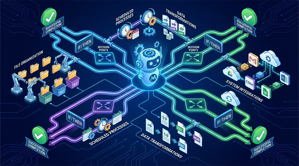 Schéma de flux montrant le robot Moltbot au centre, orchestrant plusieurs branches d'automatisation : organisation de fichiers avec bras robotiques, processus planifiés, transformations de données (CSV, JSON, PNG), intégrations système vers CRM et services cloud, avec points de décision conditionnels (IF/THEN) et indicateurs de complétion réussie