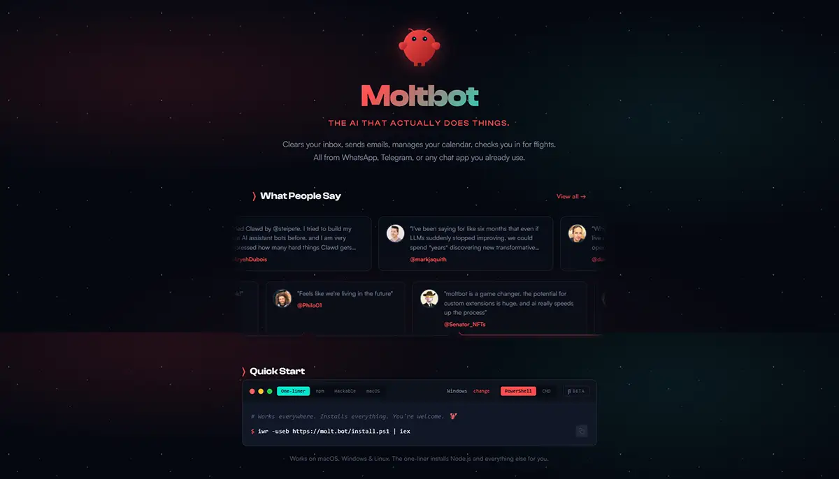 Moltbot page web capture d'écran d'accueil