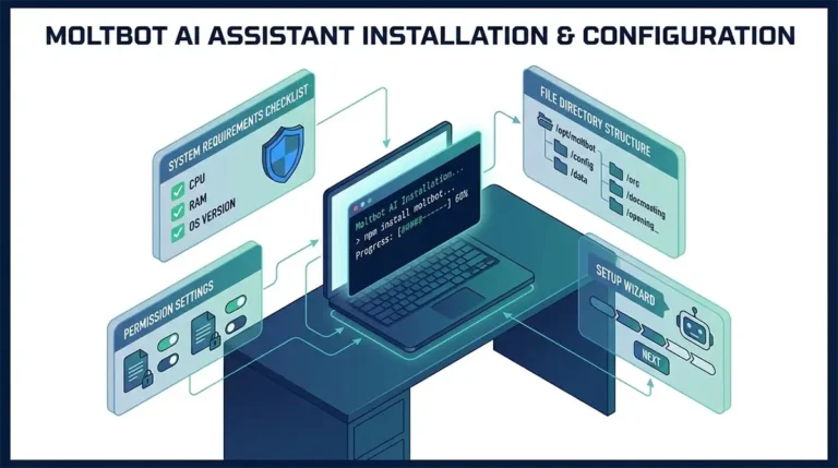 Illustration isométrique montrant l'installation de Moltbot sur un ordinateur portable avec terminal, entouré de panneaux affichant la checklist des prérequis système (CPU, RAM, version OS), la structure des répertoires de fichiers, les paramètres de permissions et l'assistant de configuration