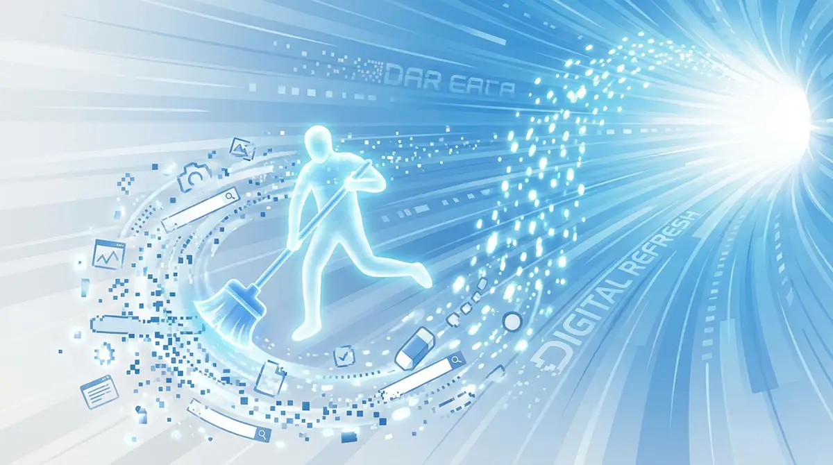 Illustration montrant une personne effaçant ses traces numériques sur Google avec une gomme digitale, symbolisant la suppression de l'historique de recherche et des données personnelles