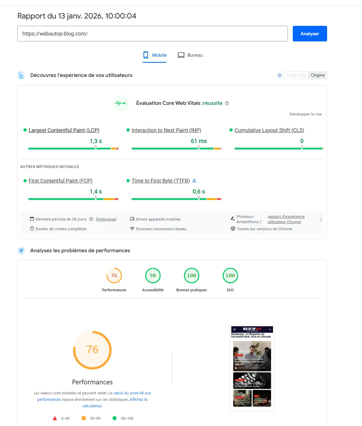 Analyse de la vitesse et des Core Web Vitals de notre site Webautop sur Google PageSpeed Insights, un outil gratuit clé de l'audit SEO.