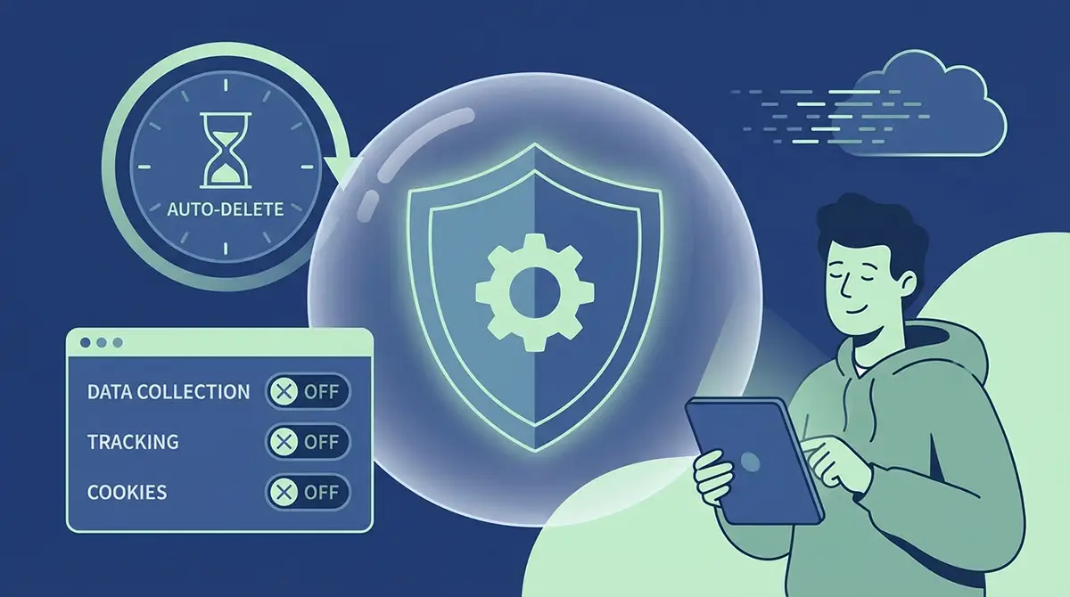 Illustration représentant les paramètres de protection automatique sur Google avec bouclier, horloge de suppression automatique et interrupteurs désactivés pour limiter la collecte de données