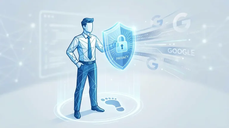 Nettoyer ses traces numériques : le guide complet pour reprendre le contrôle de votre compte Google Illustration représentant une personne protégeant ses données personnelles avec un bouclier numérique face à Google, symbolisant la reprise de contrôle sur sa vie privée en ligne