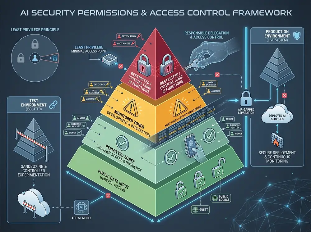 Schéma pyramidal illustrant les niveaux de sécurité et de permissions IA : de la base avec accès public aux données, zones autorisées pour utilisateurs finaux, zones surveillées pour développement et intégration, jusqu'au sommet restreint pour les fonctions critiques, avec environnements de test isolés (sandboxing) et déploiement sécurisé en production