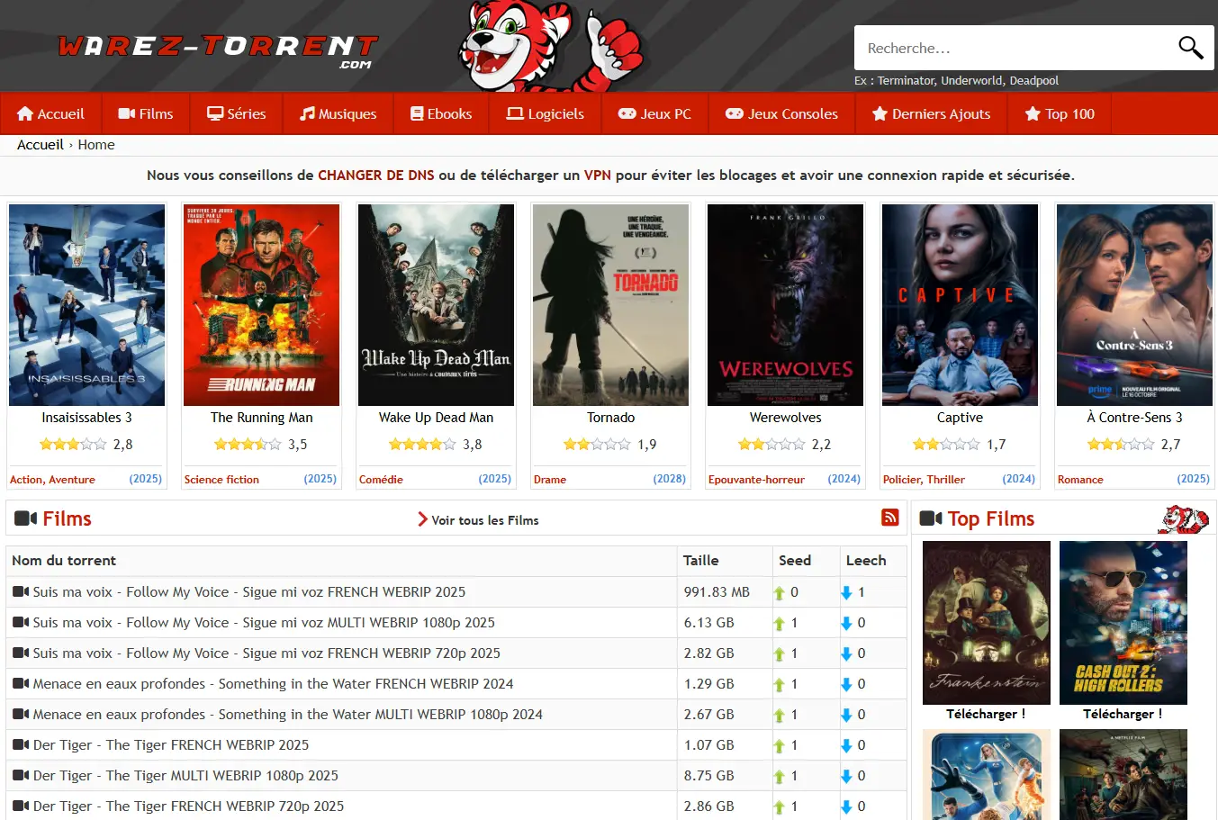 warez torrent, Capture d'écran 2026 du nouveau site ( anciennement cpasbien )