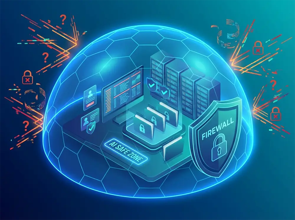 Illustration d'un dôme de protection hexagonal bleu lumineux contenant des serveurs, écrans de données et bouclier firewall avec cadenas, protégeant la zone sécurisée IA des menaces externes représentées par des éléments rouges et des points d'interrogation à l'extérieur
