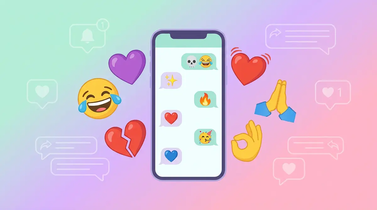 Illustration montrant smartphone avec conversation remplie d'emojis modernes