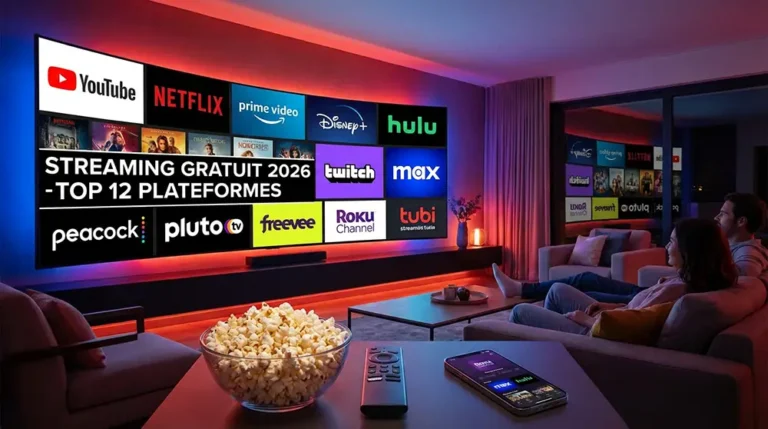 Les 12 meilleurs sites de streaming gratuit en 2026 Couple assis dans un salon devant un écran géant courbé avec les logos des plateformes de streaming pour 2026