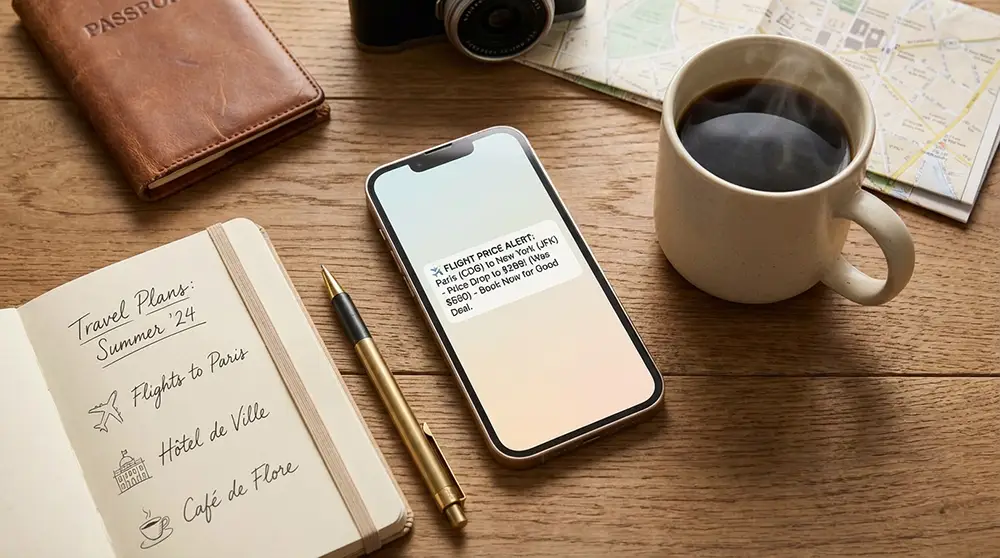 Smartphone affichant une notification d'alerte de baisse de prix de vol à côté d'un café et carnet de voyage