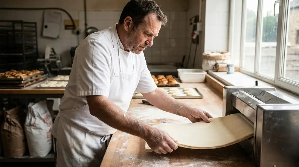 Artisan boulanger-pâtissier utilisant un laminoir professionnel pour étaler de la pâte feuilletée dans son laboratoire