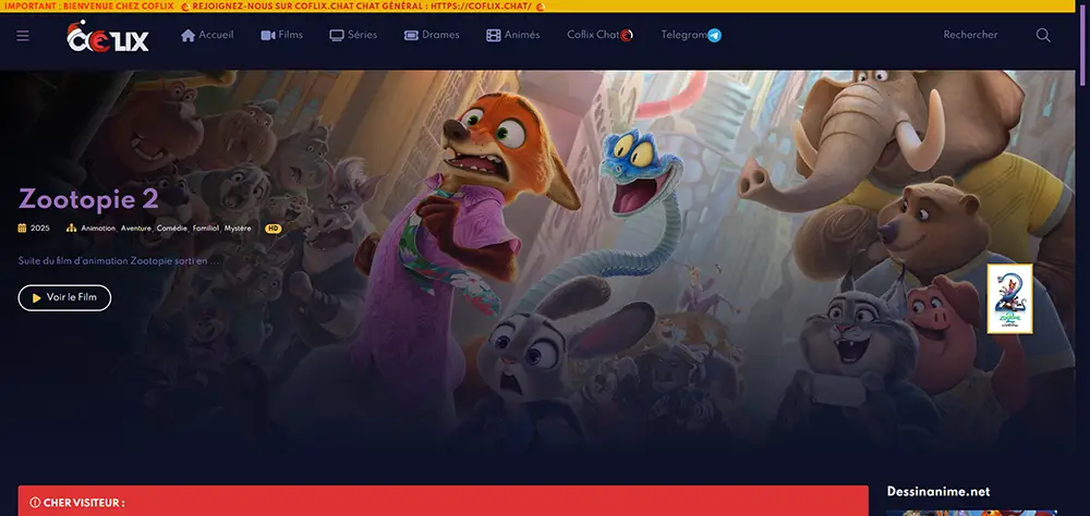 Capture d'écran de la page principale du site de streaming Coflix en 2026