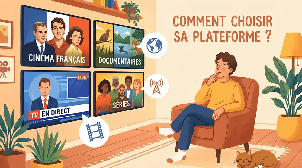 Illustration, jeune homme assis dans un fauteuil devant 4 écrans se demandant comment choisir sa plateforme de streaming