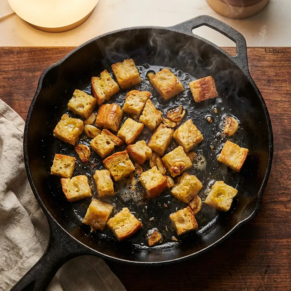Croûtons de pain rassis dorés et croustillants sautés à la poêle avec des gousses d'ail écrasées et de l'huile d'olive
