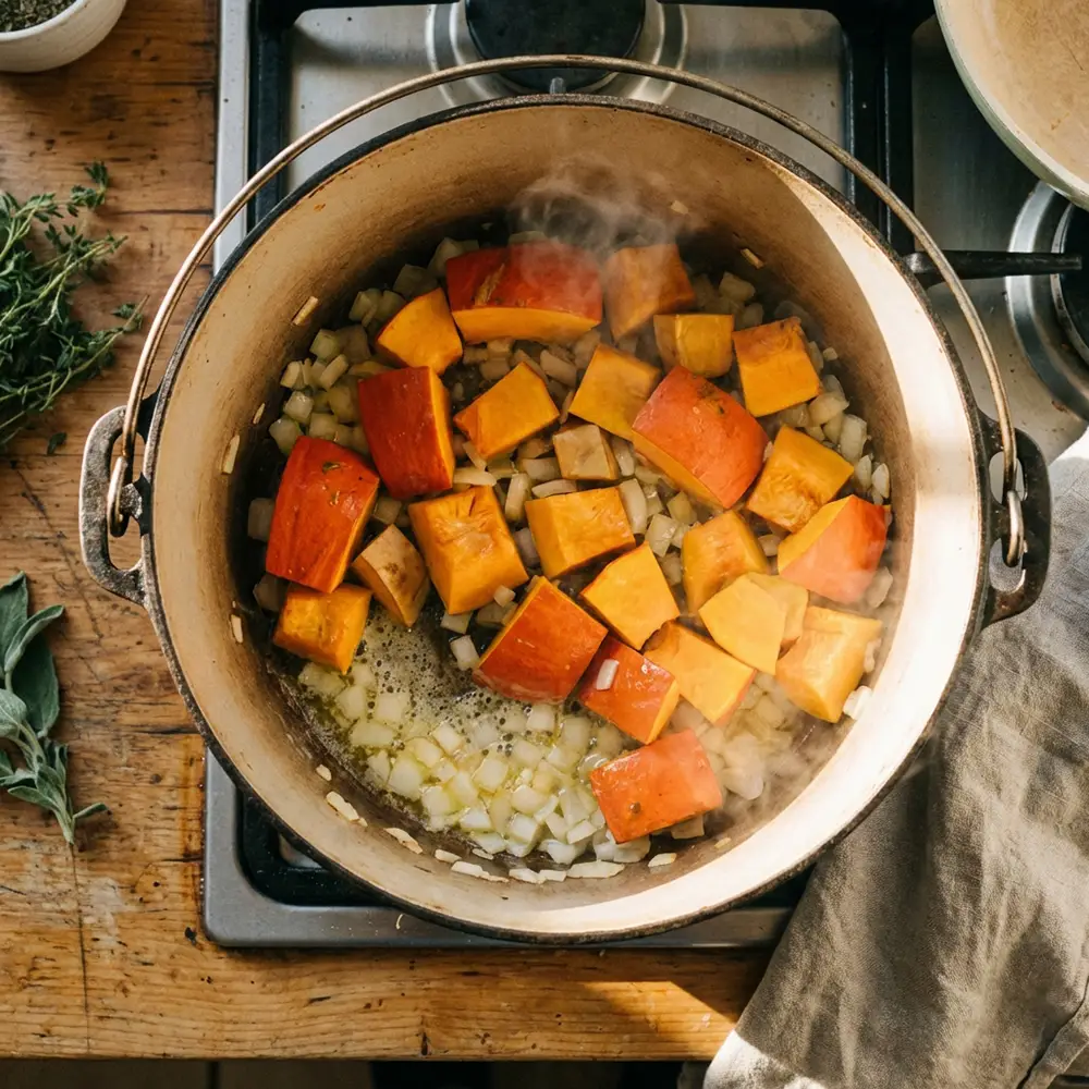 Morceaux de potimarron avec la peau en train de cuire avec des oignons dans du beurre fondu dans une cocotte en fonte