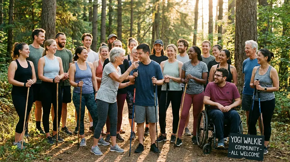 Groupe multigénérationnel et mixte pratiquant Yogi Walkie ensemble dans parc naturel, personnes de différents âges de 20 à 70 ans et tous niveaux physiques, sourires et bien-être partagé, ambiance inclusive et conviviale avec lumière naturelle chaleureuse