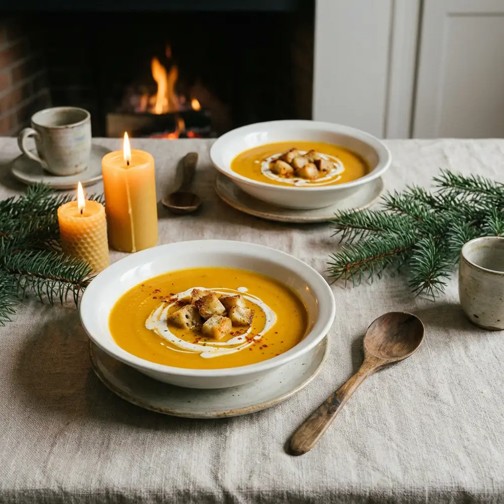 Deux bols de velouté de potimarron servis sur une table d'hiver avec croûtons, spirale de crème et piment d'Espelette