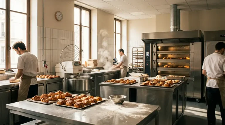 Laboratoire de boulangerie-pâtisserie professionnel avec pétrin, four à convection et viennoiseries sur plaques de cuisson