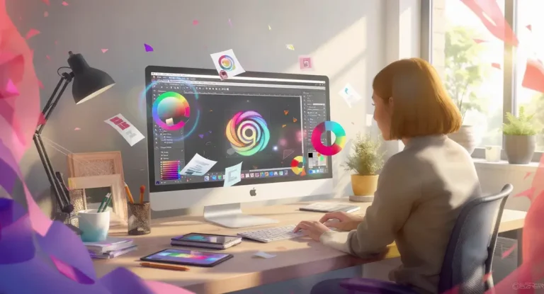 Personne sur son ordinateur qui utilise un générateur de logo en ligne avec outils de design modernes