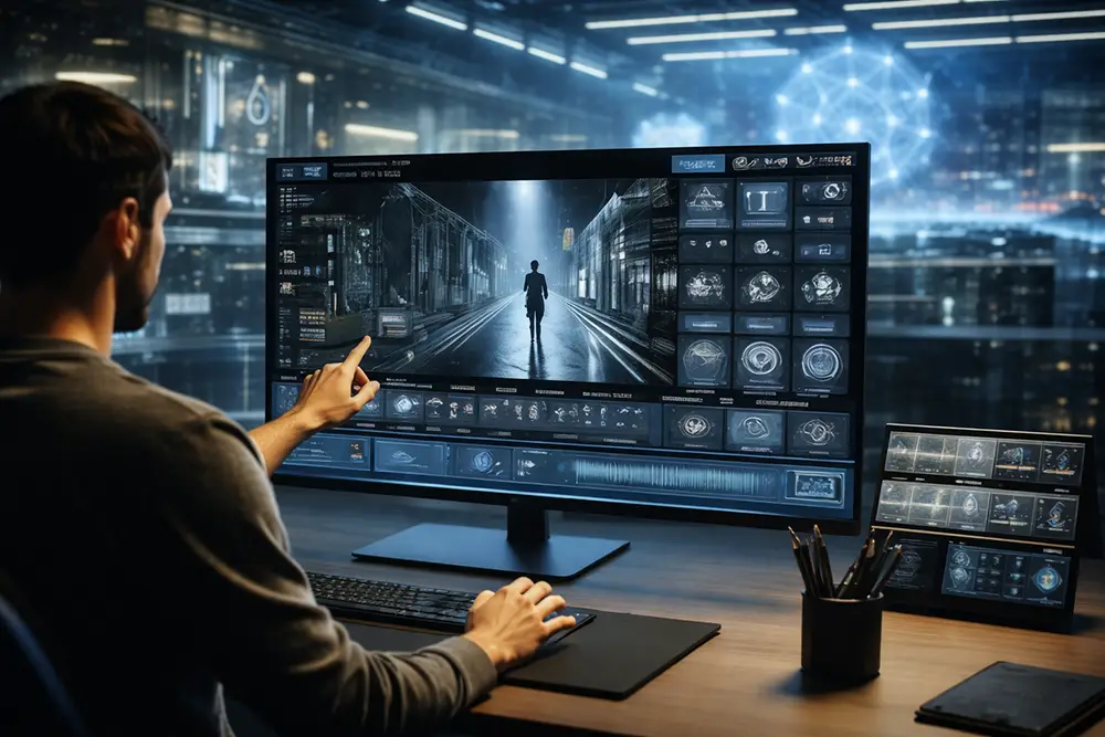 homme générant des vidéos IA sur son ordinateur