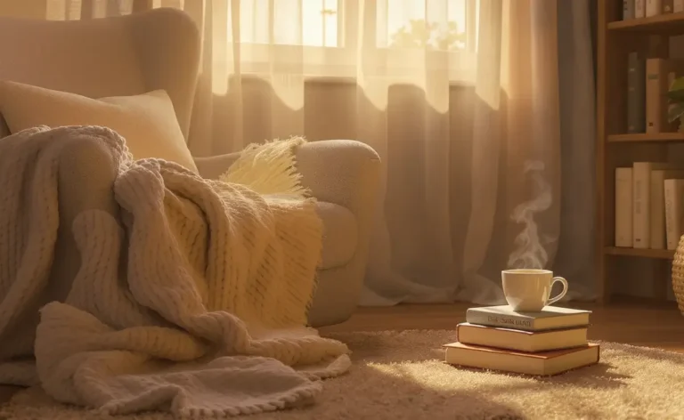 Livres sur l'hypersensibilité posées à terre avec un café fumant, près d'un fauteuil confortable