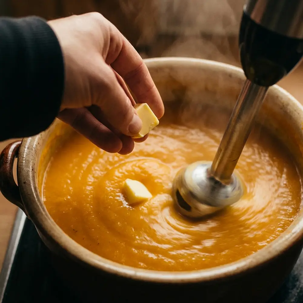 Gros plan sur un mixeur plongeant dans un velouté de potimarron orange avec des morceaux de beurre en cours d'incorporation