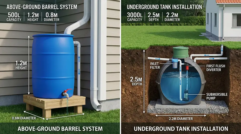Infographie expliquant les différences entre récupérateur aérien et cuve enterrée