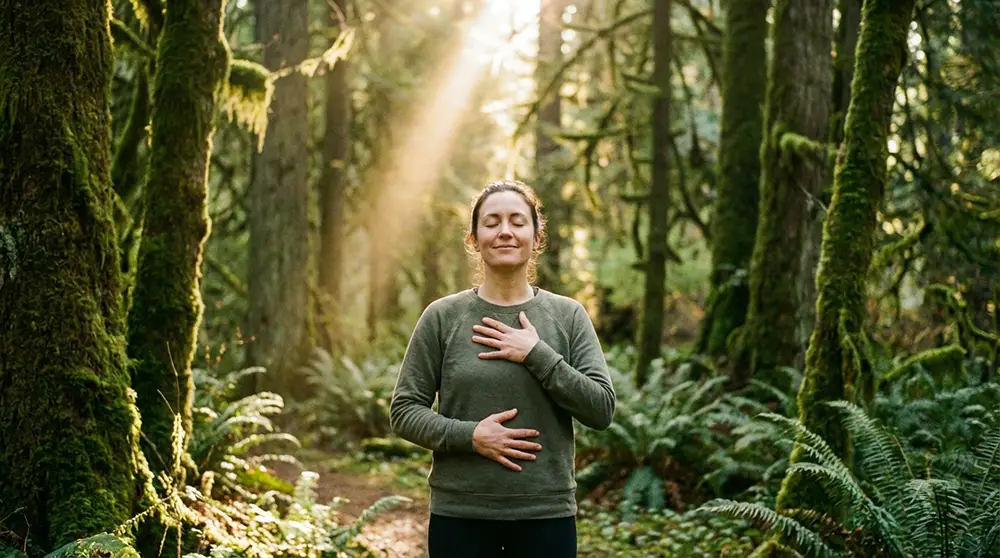 Personne pratiquant respiration consciente en marchant dans une forêt lumineuse, mains sur le ventre ou poitrine, yeux fermés en pleine concentration, expression sereine paisible, rayon de lumière dorée traversant les arbres, nature verdoyante apaisante