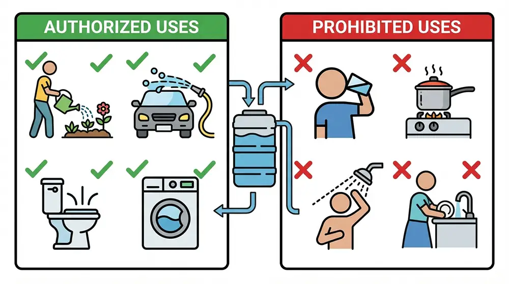 Infographie et Pictogrammes des usages autorisés et interdits de l'eau de pluie
