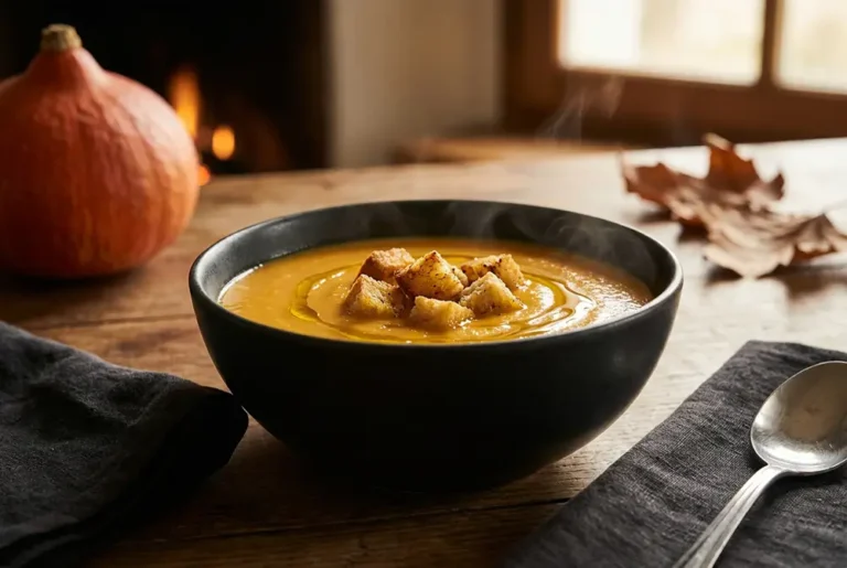 Bol de velouté de potimarron crémeux garni de croûtons dorés à l'ail et d'un filet d'huile d'olive, recette de Philippe Etchebest