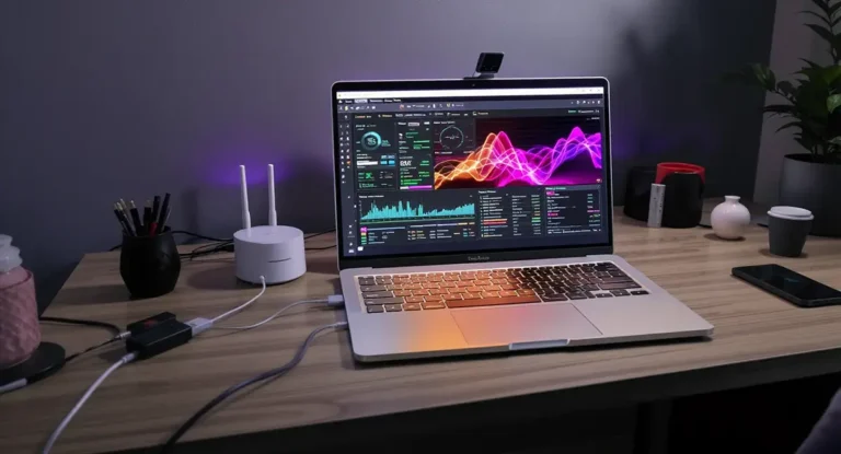 Graphique visible sur l'écran d'un ordinateur portable illustrant la vitesse de connexion internet et optimisation du débit