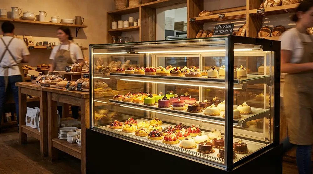 Vitrine réfrigérée de boulangerie-pâtisserie présentant des entremets, tartes et gâteaux sous éclairage LED