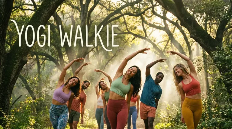 Yogi Walkie : cette discipline inventée par une Française qui fusionne yoga et balade Groupe de personnes pratiquant le Yogi Walkie en forêt verdoyante lumineuse, postures yoga debout fluides avec bras levés en mouvement, ambiance zen naturelle avec lumière douce filtrant à travers les arbres, tenues de sport colorées