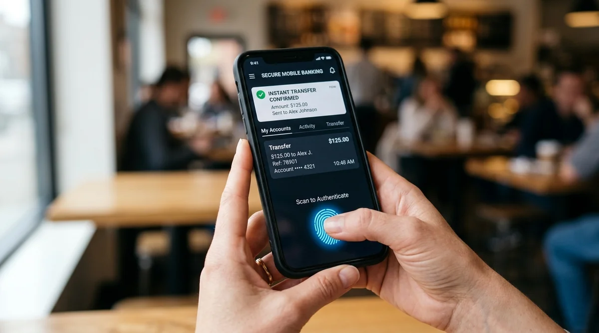 Application mobile bancaire sécurisée – virement instantané et authentification Mains tenant un smartphone affichant une application bancaire sécurisée avec virement instantané et authentification biométrique
