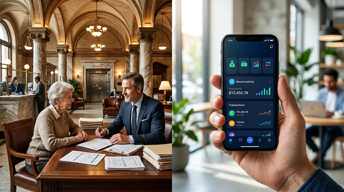 Banque en ligne vs banque traditionnelle – avantages comparés en 2026 Comparaison visuelle entre agence bancaire traditionnelle et application mobile de banque en ligne moderne