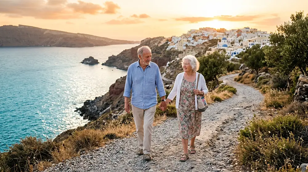 Couple de seniors marchant sur un sentier côtier méditerranéen