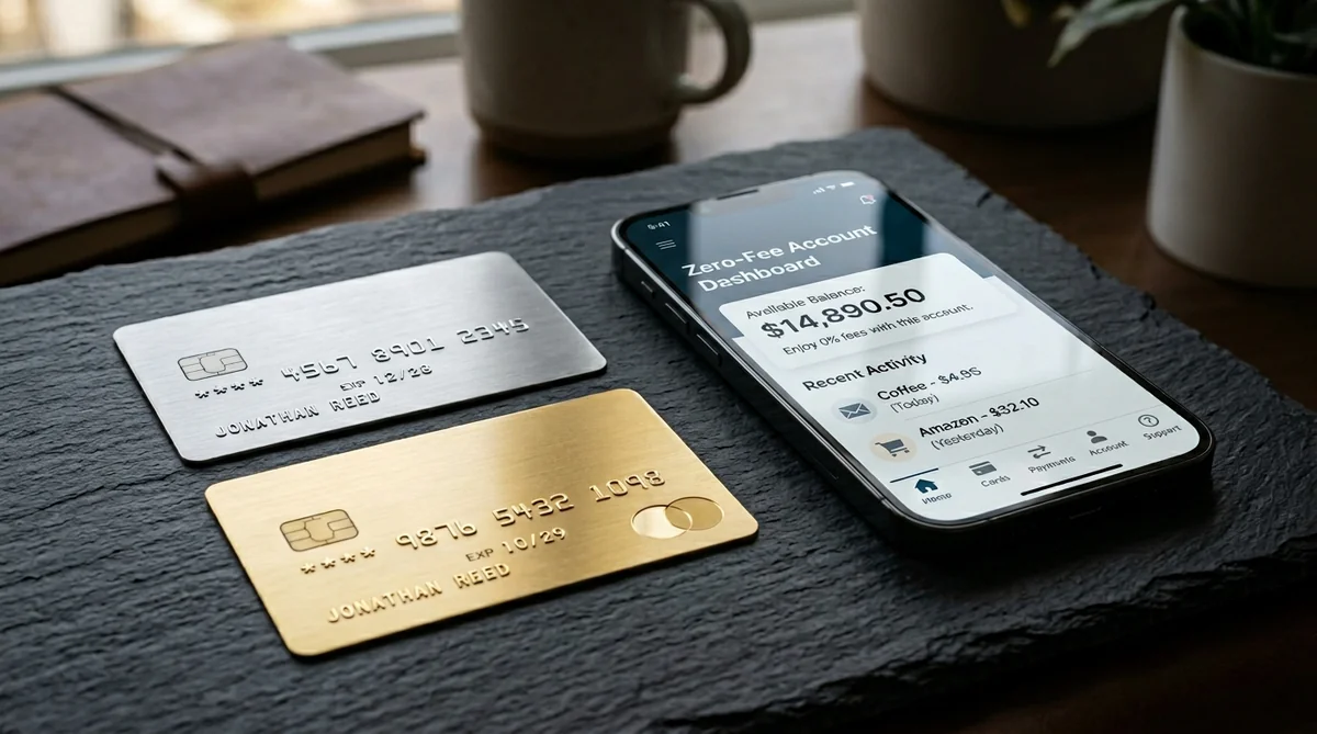 BoursoBank et Fortuneo – meilleures banques en ligne gratuites 2026 Deux cartes bancaires premium, une Visa et une Mastercard, posées sur un bureau sombre avec un smartphone affichant un compte sans frais