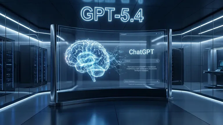 Illustration représentant ChatGPT 5.4 Pro avec interface holographique et réseau neuronal