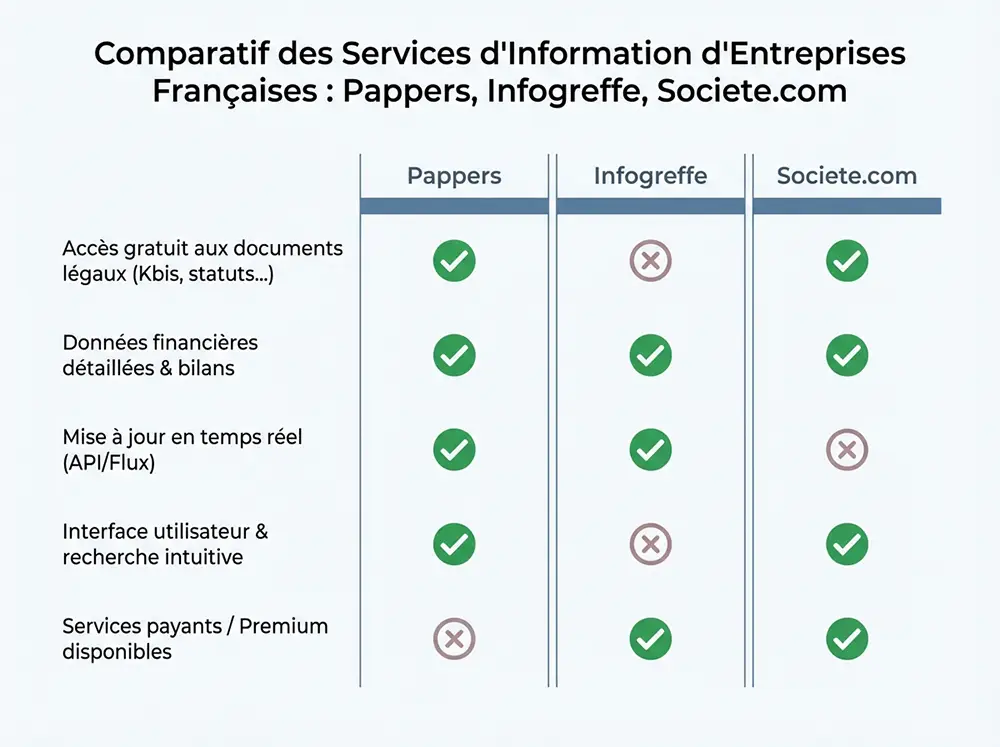 Tableau comparatif entre Pappers, Infogreffe et Societe.com sur les critères de gratuité, documents accessibles et fonctionnalités